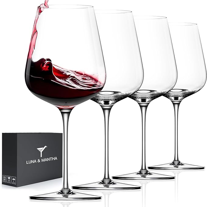 Red Wine Glasses Set of 4, 17oz Crystal Hand Blown, Long Stem, Gift | White Wine Glass, Stemmed, Modern, Father's Day, Wedding, Anniversary, Birthday, Daily by LUNAMANTHA