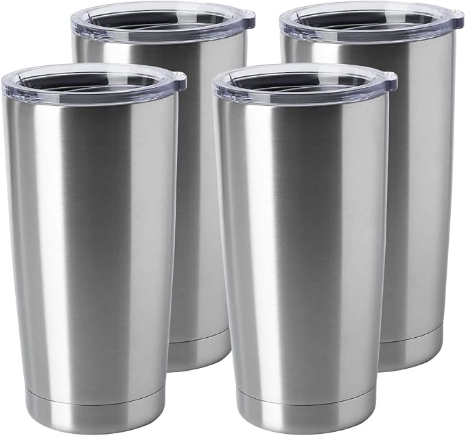HASLE OUTFITTERS 20oz Stainless Steel Tumblers Bulk, Insulated Travel Cup with Lid, Double Wall Vacuum Coffee Mug for Cold & Hot Drinks 4 Pack, Silver by HASLEOUTFITTERS