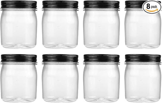 novelinks 8 oz Plastic Mason Jars and Clear Plastic Jars with Lids 8 oz | 8 Pack, Black, Plastic Containers with Lids, Small Mason Jars, Clear Jars Bulk, Spice Jars, Slime Jars, Mini Jars by novelinks