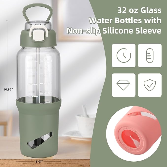 SIEROZUR 32 oz Glass Tumbler with Straw, Glass Water Bottles with 2 Lids-Handle Spout Lid & Straw Lid, 1 Liter Motivational Water Bottles, Silicone Sleeve, Fits Car Cup Holder,Olive