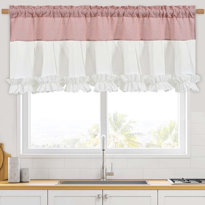 Likiyol Linen Valances for Windows Farmhouse Window Valances with Ruffle Rustic Country Light Filtering Kitchen Valance Curtains Rod Pocket Valance for Bathroom Cafe, Pink White, 52" W X 18" L - Image 8