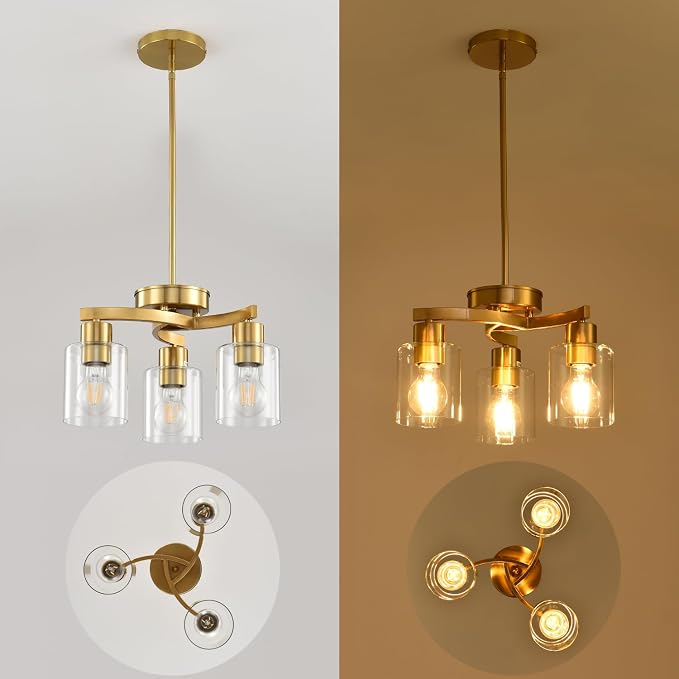 3 Light Brass Gold Dining Room Chandelier, Modern Industrial Pendant Light for Kitchen Island, Adjustable Height Hanging Ceiling Light Fixture with Clear Glass Shades,E26 Base,Dimmable - Image 4