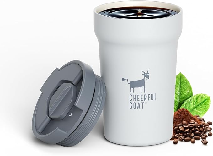 CHEERFUL GOAT Travel Coffee Mug – Stainless Steel Ceramic Lined Mug Insulated Tumbler, with lid, 12oz Leak Proof Cup for Hot and Cold Water Coffee at Home, Office, or On the Go (Grey) by CheerfulGoat