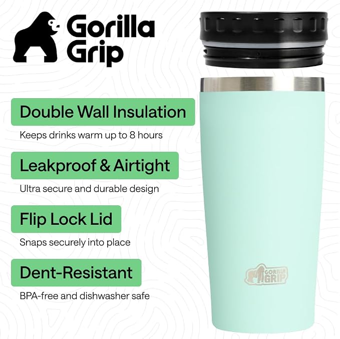 GORILLA GRIP 304 Stainless Steel Double Insulated Travel Coffee Mug, Leakproof Lid with Smooth Sip Top, Prevent Spills, Dent & Rust Resistant Reusable Tumbler Cup, Thermal Mugs for Drinks, 20oz, Mint - Image 2