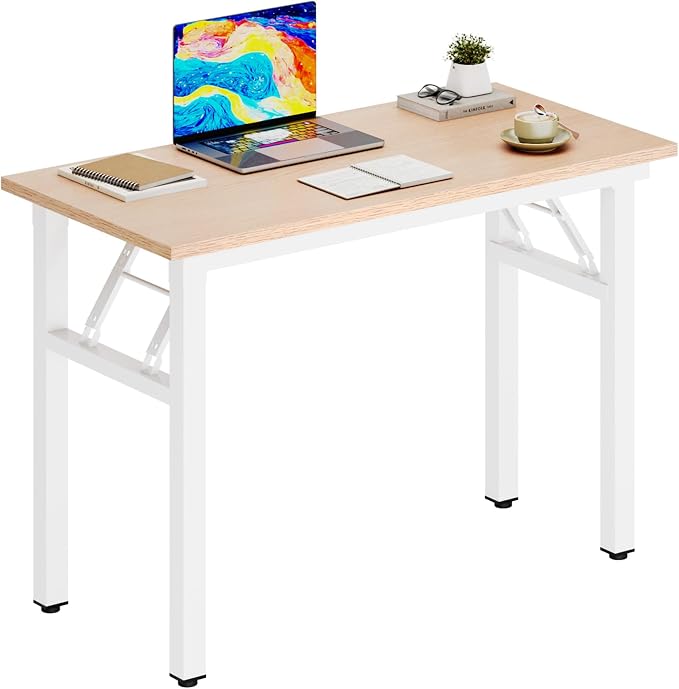 DlandHome 31.5 Inch Small Folding Computer Desk for Home Office, Pink Oak | Foldable Writing Table for Small Spaces Bedroom, No Assembly Required, Wood Top Metal Frame, Collapsible Compact Easy Storage by DlandHome