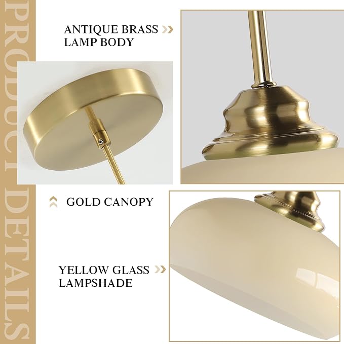 KCO Lighting Modern Globe Ceiling Light Brass Dome Pendant Light Yellow Glass Pendant Light Brushed Gold Pendant Lighting Adjustable Hanging Ceiling Light for Dining Room - Image 3