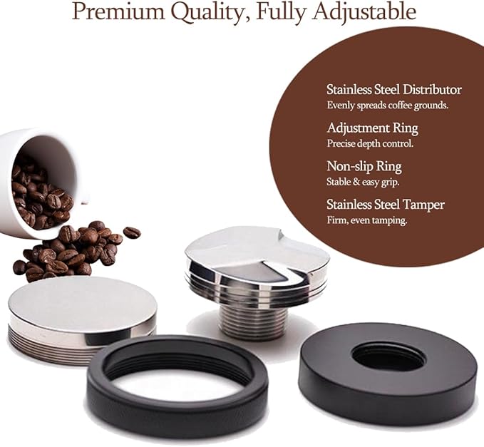 53.3mm Coffee Distributor and Tamper – Dual Head Espresso Leveler, Adjustable Depth Hand Tamper for 54mm Portafilter