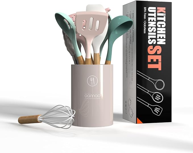 oannao Silicone Cooking Utensils Set - 446°F Heat Resistant Silicone Kitchen Utensils for Cooking,Kitchen Utensil Spatula Set w Wooden Handles, BPA FREE Gadgets for Non-Stick Cookware (Colorful) - Image 6