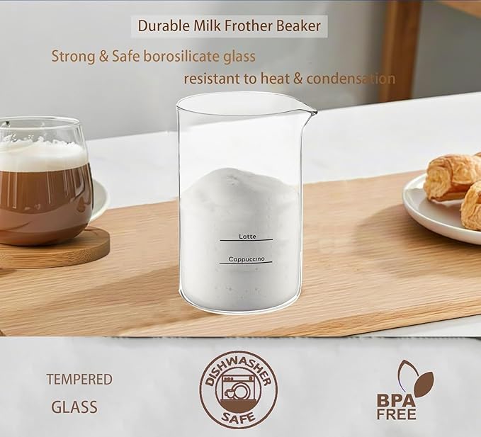 Milk Frother Cup compatible with Keurig SimpleCafé Milk Frother, Clear Glass, 8 oz Capacity with Measurement Markings, Pour Spout