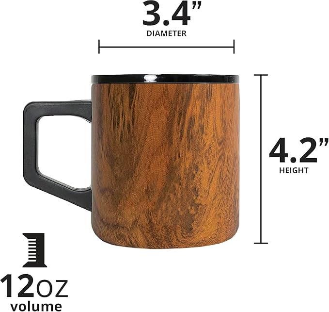 Elemental Insulated Coffee Mug - Triple-Wall Stainless Steel Summit Travel Cup for Hot and Cold Drinks - Thermal Coffee Mug with Lid and Handle for Camping, Office & Travel 12oz - Teakwood - Image 2