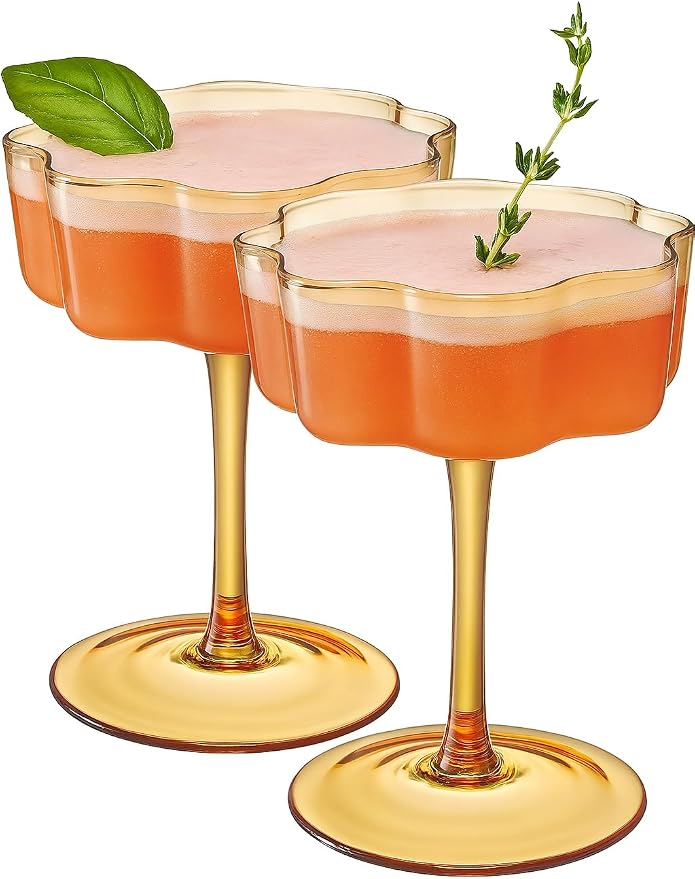 Flower Scalloped Vintage Wavy Petals Wave Glass Coupes 7oz Colorful Martini, Champagne & Cocktails, 2 Set Amber Rippled Champagne Glasses, Elegant Bar Glassware, Unique Aesthetic Coupe Glassware Gifts - Image 3