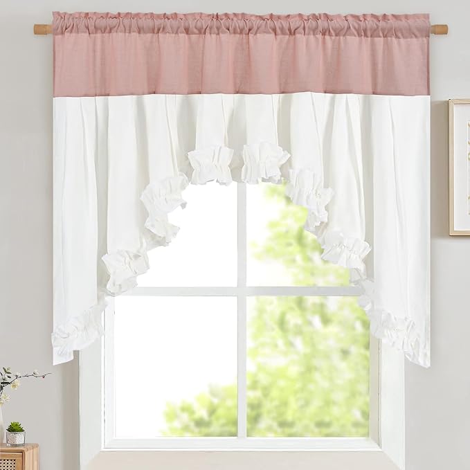 Likiyol Linen Valances for Windows Farmhouse Ruffle Swag Valance Rustic Country Window Valances Light Filtering Kitchen Curtains Rod Pocket Valance Curtains for Bathroom Cafe, Pink White, 60"W x 36"L by Likiyol