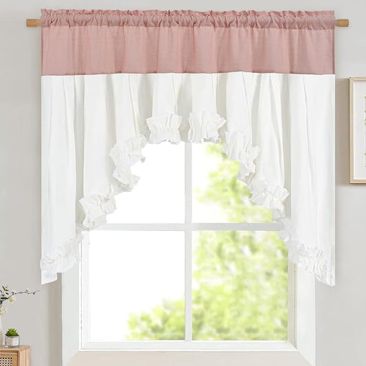 Likiyol Linen Valances for Windows Farmhouse Ruffle Swag Valance Rustic Country Window Valances Light Filtering Kitchen Curtains Rod Pocket Valance Curtains for Bathroom Cafe, Pink White, 60"W x 36"L by Likiyol