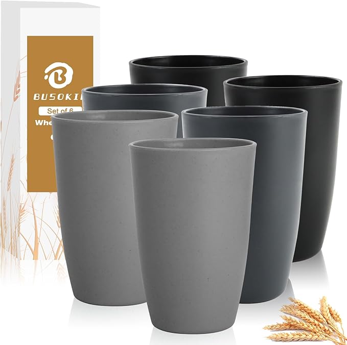 20 OZ Wheat Straw Cups Set of 6, Unbreakable Water Cup, Alternative to Plastic Cups Reusable, Plastic Glasses Drinking, Microwave Safe Tumbler Cups for Kitchen, Dorm, RV (BlackGrey) by BUSOKIP