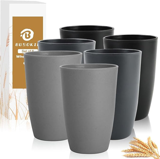 20 OZ Wheat Straw Cups Set of 6, Unbreakable Water Cup, Alternative to Plastic Cups Reusable, Plastic Glasses Drinking, Microwave Safe Tumbler Cups for Kitchen, Dorm, RV (BlackGrey) by BUSOKIP