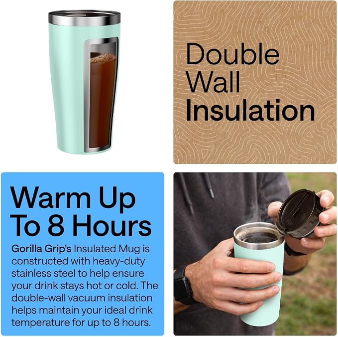 GORILLA GRIP 304 Stainless Steel Double Insulated Travel Coffee Mug, Leakproof Lid with Smooth Sip Top, Prevent Spills, Dent & Rust Resistant Reusable Tumbler Cup, Thermal Mugs for Drinks, 20oz, Mint - Image 3