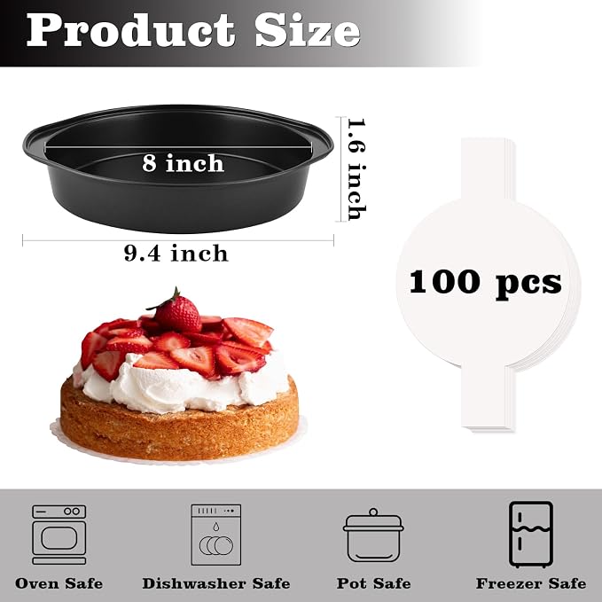HUAKENER 3 Pcs 8 Inch Round Cake Pans with 100 Pieces Parchment Paper | Carbon Steel Cake Pans, Non-stick Cake Baking Pans with Handle, Dishwasher Safe - Image 3