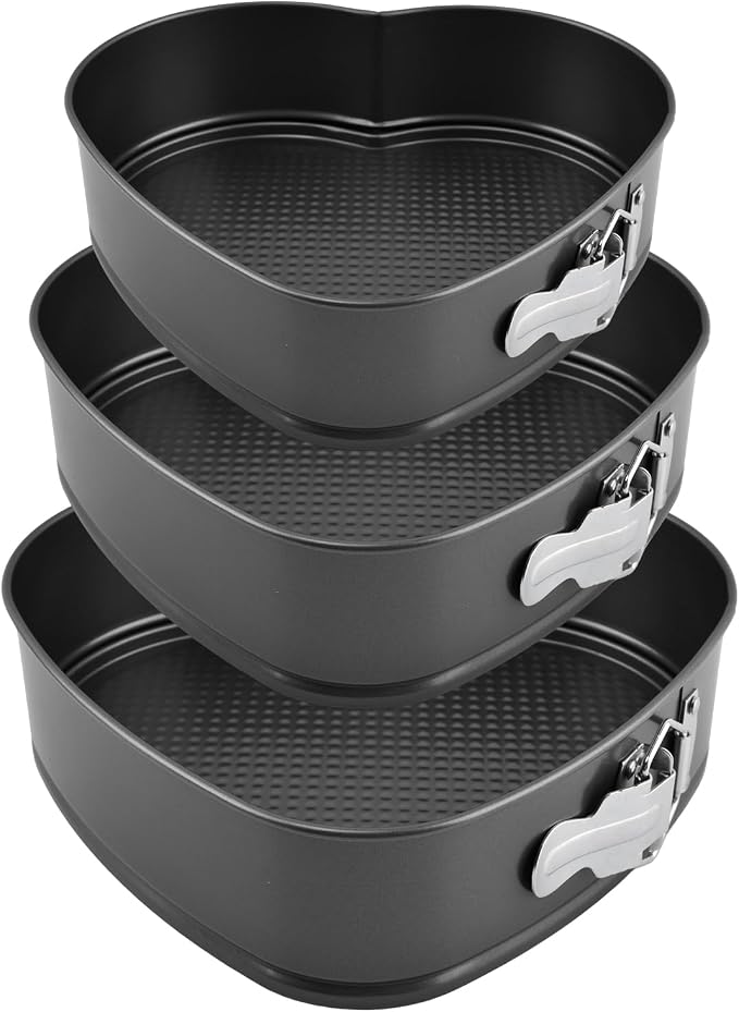 Set of 3 Springform Cake Tins Heavy Duty, Double Layer Non-Stick Coating, Removable Base, Heavy Duty Carbon Steel, Perfect for Frozen Desserts - Oven Safe Bakeware (heart-shaped) - Image 2