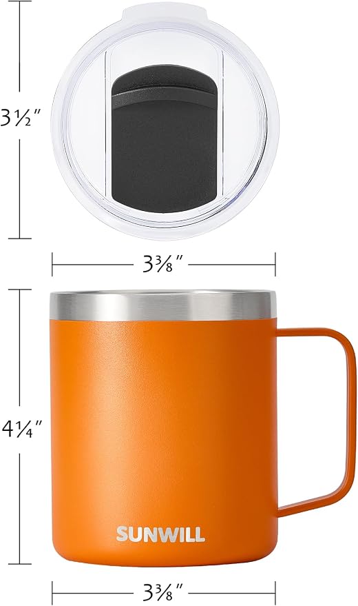 SUNWILL Insulated Coffee Mug with Lid, Travel Tumbler with Handle, 14 oz Stainless Steel Cup for Camping, Office, Home, Powder Coated Orange - Image 4
