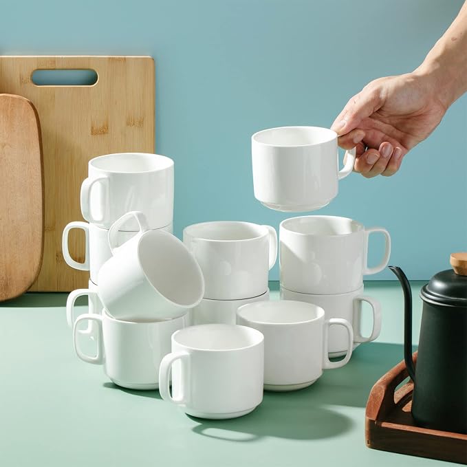 BTaT- Porcelain Stackable Coffee Mugs, 12 Pack, 12 oz, White | Ceramic Coffee Cups, Dishwasher and Microwave Safe - Image 5