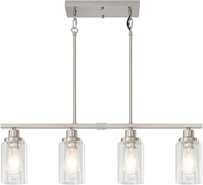 Brushed Nickel Linear Chandelier Over Table, Dining Room Light Fixtures | 4-Light Kitchen Island Lighting, 30'' Modern Island Lights for Kitchen with Clear Glass Shade, Adjustable Height - Image 7
