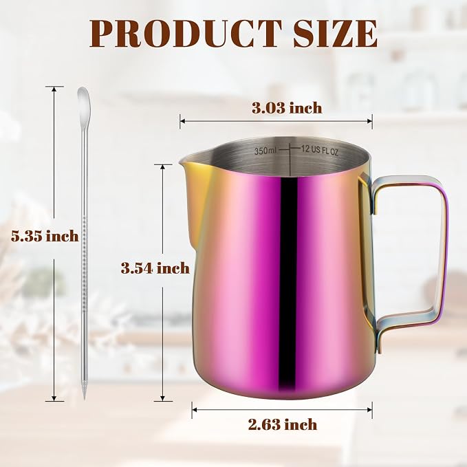 Amrules Milk Frothing Pitcher, 12 oz Milk Frother Cup with Clear Scale, 304 Stainless Steel Cappuccino Espresso Machine Accessories for Barista Coffee Bar with Latte Art Pen, Multipurple - Image 3