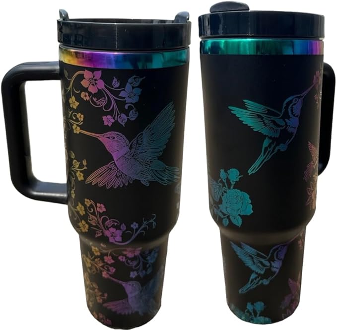 Tumbler, 40oz Tumbler, Western Tumbler, Engraved Cup with Handle, Cute Coffee Mug, 40oz Coffee Mug (Black Rainbow-Hummingbird)