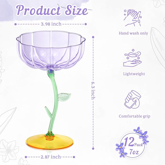 12 Pcs Purple Plastic Ribbed Coupe Glasses Detachable 7oz Flower Cocktail Glasses Modern Wavy Plastic Cocktail Coupes Disposable Martini Glasses Mimosa Glassware champagne goblets (12, Purple) - Image 2