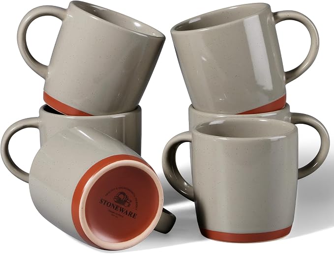 E-far Ceramic Coffee Mug Set of 6, 12oz Stoneware Coffee Cup with Handle, Porcelain Tea Cups, Modern Farmhouse Latte Mug Gift Set for Women & Men, Microwave Safe, Speckled Khaki by E-far