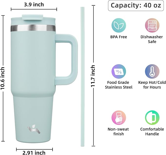 Konokyo 40 oz Insulated Tumbler Water Bottle with Handle, Straw Lid | BPA-free and dishwasher safe; made for gym, travel, coffee and gifting, 2 straws, cup holder friendly,Blue Haze - Image 4