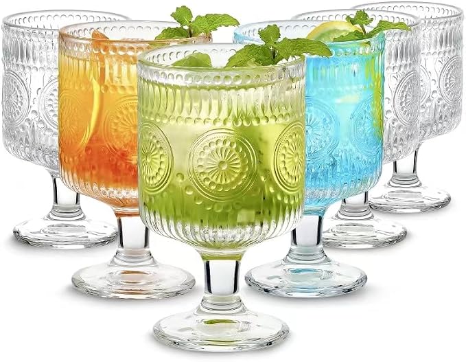 6 Packs Vintage Goblet Glasses, 8 oz Wine Glasses, Embossed Floral Glass Cups Set, Clear Drink Glasses, Drinking Goblets, Bar Tumbler Glassware for Iced Tea, Wine, Beer, Juice, Cocktail, Whiskey by Hlukana
