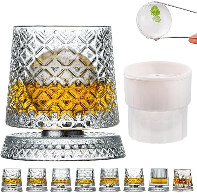 360 Degree Rotating Whiskey Glass Set with Ice Ball Mold, Crystal Clear Bourbon Scotch Glassware for Men, Fun & Novelty Gifts (Pattern 8) by GOWARM