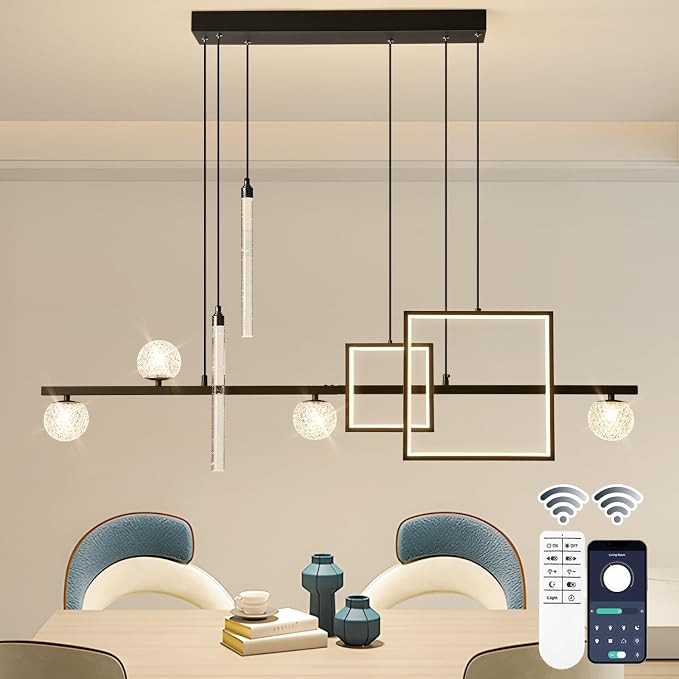 ORANOOR Modern LED Pendant Lights, 47inch Dimmable Linear LED Chandelier | Square Black & Gold Dining Room Hanging Light Fixtures Kitchen Island Globe Pendant Lighting for Dining Table (4200lm) by ORANOOR