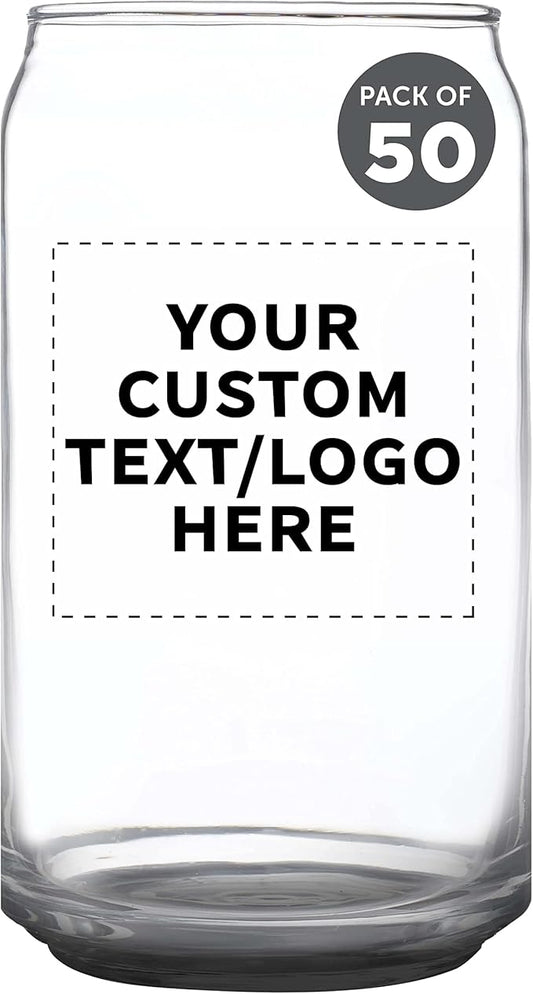 Custom Beer Can Glasses Set of 50, 16 oz. Pint Sized, Promotional Text, Logo, Soda Can Shape, Glassware, Black