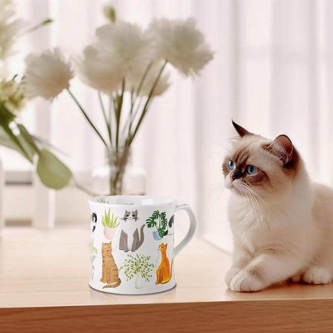 Cute Cats & Plants Coffee Mug - 12 oz Fine New Bone China Coffee Tea Cup with Kitten Design, Cat Mom Gifts for Women, Holiday Gift for Cat Lovers & Friends, Designed in England by Harvest Green Studio - Image 2