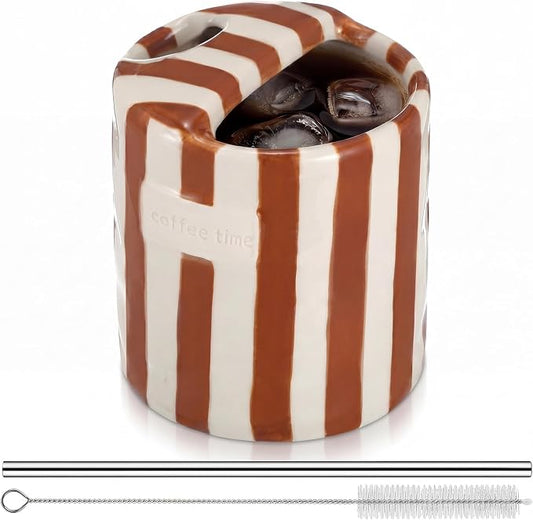 1 Pack Ceramic Coffee Mug with Sip Hole Espresso Cup 10oz with Straws Retro Hand Painted Striped Ceramic Iced Coffee Tea Travel Mug Latte Cup for Kitchen Dining (Simple,Brown) by Ferrochef