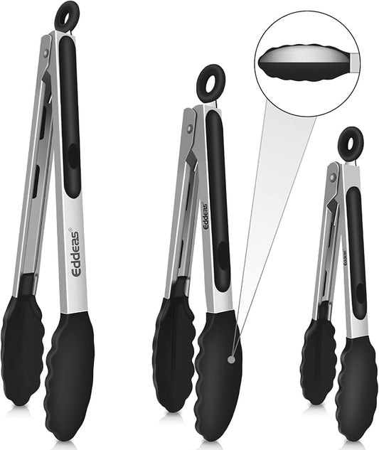 Kitchen Tongs Up To 600°F Silicone Tongs for Cooking 3Pcs 7,9,12 IN | Heat Resistant 600 Degrees,Heavy Duty Stainless Steel Locking Tong for Cooking with Silicone Tips Non-Stick Black by Eddeas