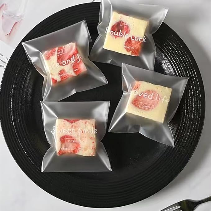 100 Pcs Frosted Semi-Transparent OPP Bags with Cute English Printing, Suitable for Packaging Cookies, Chocolate, Candy, Desserts, Snack Packs, Bread Bags, Self-Adhesive Bags, Gift Bags, Mini OPP Bags (2.8×2.8 in) - Image 6