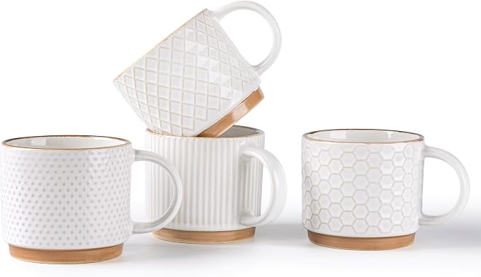 GBhome 6 OZ Stackable Coffee Mugs Set of 4, Ceramic Coffee Cups Set | 4 Assorted Designs, Embossed Mugs with Texture Patterns for Espresso/Tea, Dishwasher&Microwave Safe, Off White by GBhome