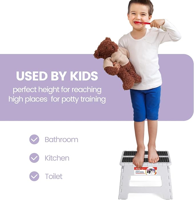ACSTEP 9" Folding Step Stool, Non-Slip Surface Stool for Kids, Dot White | Heavy Duty Foldable Stools, Lightweight, Holds 300 lb, for Toddler Kitchen Bathroom Bedroom Outdoor, Collapsible with Handle - Image 6