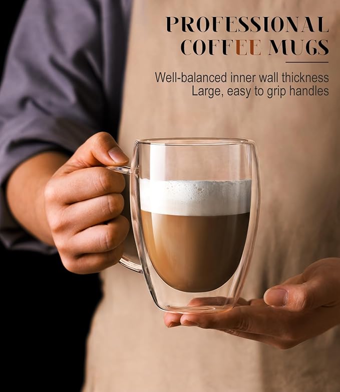 OJA Double Wall Glass Coffee Mugs 12.3oz, Hand Blown Clear Glass Coffee Cups Set of 2, Insulated Tea Mug, Perfect for Espresso, Cappuccino, Latte, American,Tea Bag, Beverage