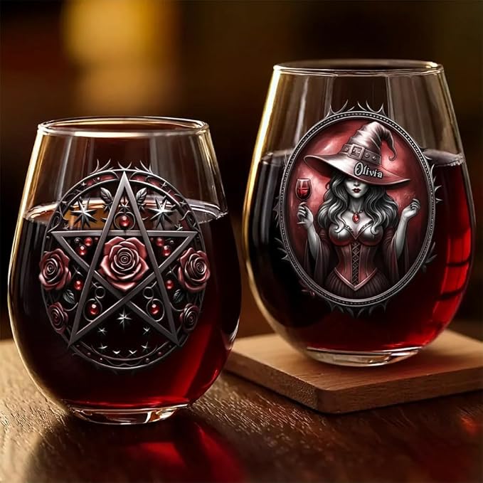 Personalized Women Witch Spooky Stemless Wine Glass, Custom Fantasy Magic Bar Glassware, Women Witch Lovers Wine Glass, Gothic Wiccan Pentagram Rose Drinking Glass, Witchy Lover Gift for Halloween by HUGLIFT