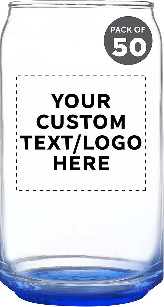 Custom Beer Can Glasses Set of 50, 16 oz. Pint Sized, Promotional Text, Logo, Soda Can Shape, Glassware, Blue