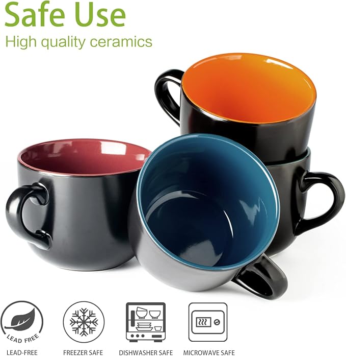 GBhome Jumbo Soup Mugs with Handles, 24 Oz Large Coffee Mugs Set of 4, Ceramic Soup bowls for Soup Cereal Snacks Salad Noodles Cups, Microwave safe - Matte Black, Colorful Inside - Image 9