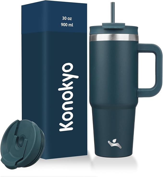 Konokyo 30 oz Insulated Tumbler Water Bottle with Handle, Straw Lid | BPA-free and dishwasher safe; made for gym, travel, coffee and gifting, 2 straws, cup holder friendly,Navy blue by Konokyo