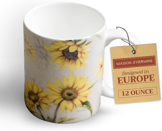 Maison d' Hermine Coffee Mug with Handles Tea Cups (12 Ounce, Pack of 1) | Fine Bone China Coffee Mugs for Hot Beverages Cappuccino Latte Home Restaurant Hotel Spring Summer -Candice - Tournesol by MaisondHermine
