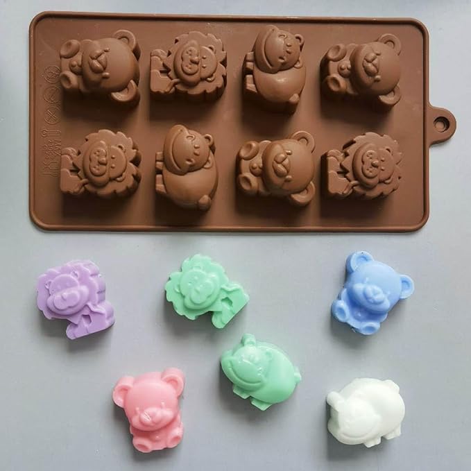 LeLehome Set of 2 Silicone Chocolate Molds, Non-Stick Animal Cake Muffin Candy Baking Mold Bakeware for Ice Cube, Soap, Candle, Jello, Lion, Hippo and Bear