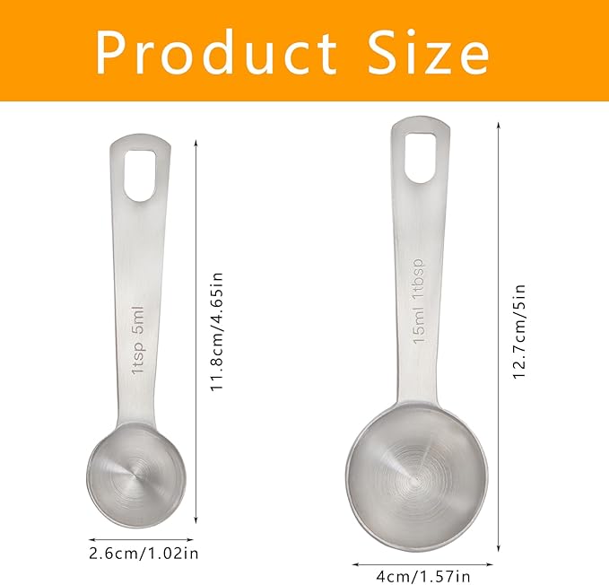 2 Pcs Measuring Spoons 5ml (1 Tsp) & 15ml (3 Tsp), 1 Teaspoon Stainless Steel Long Handle Scoops for Coffee, Spices, Dry Goods & Baking, Sliver