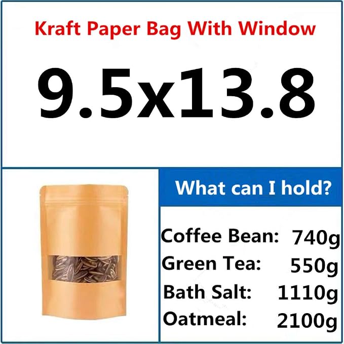 Kraft Heat Sealable Stand Up food Pouches Paper Mylar Bags With Clear Window And Zipper, Heavy Duty Decorative Resealable For DIY Homemade Chips Favor Candy Cookies Christmas (50pcs 9.5x13.8+4 inch) - Image 3
