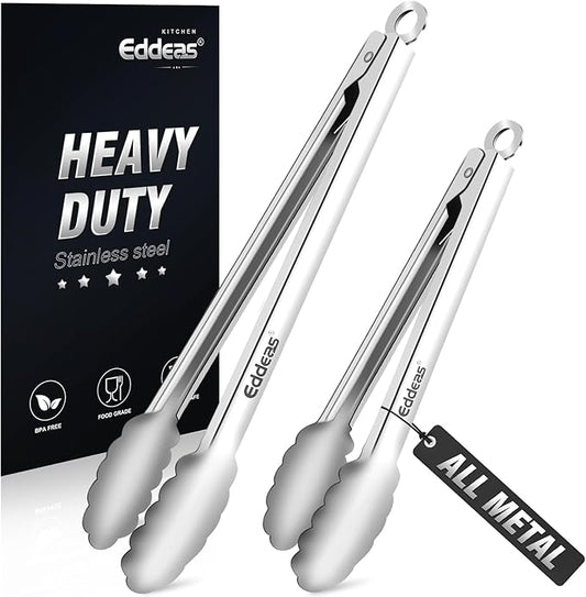 Metal Tongs For Cooking Up To 600°F Kitchen Tongs 2PCS - 9", 12 inch | Heat Resistant 600 Degree, All Stainless Steel Food Tongs,Non-Slip handle, Salad, Grilling, bbq, Dishwasher safe by Eddeas